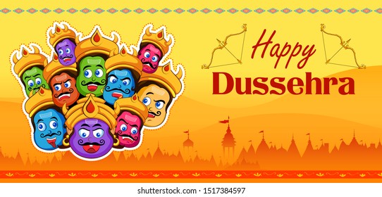 illustration of Ravana with ten heads for Navratri festival of India poster for Dussehra