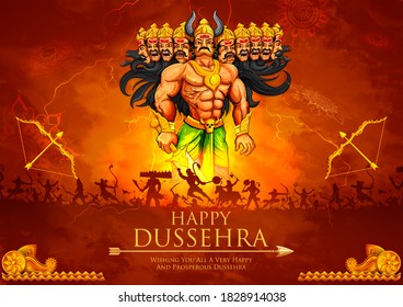 illustration of Ravana with ten heads for Navratri festival of India poster for Dussehra