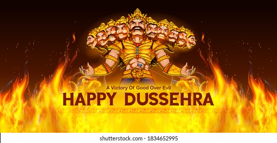 illustration of Ravana with ten heads for Navratri festival of India poster for Dussehra