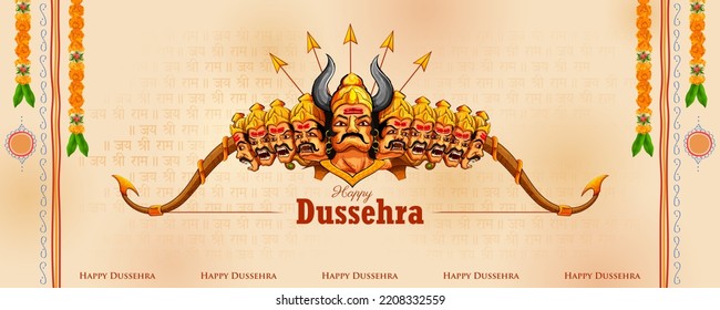 illustration of Ravana with ten heads for Navratri festival of India poster for Dussehra