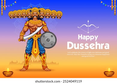 illustration of Ravana with ten heads for Navratri festival of India poster for Dussehra