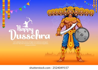 illustration of Ravana with ten heads for Navratri festival of India poster for Dussehra