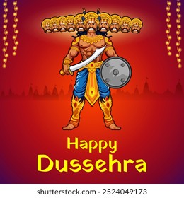 illustration of Ravana with ten heads for Navratri festival of India poster for Dussehra