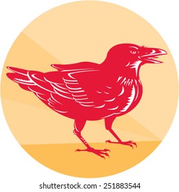 Illustration of a raven looking to side set inside circle done in retro woodcut style.