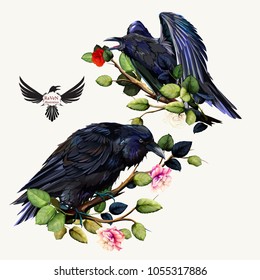 Illustration of Raven on branch with roses and leaves. Hand drawn, vector- stock.