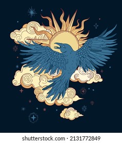 illustration with raven on cosmic background, night sky, with stylized stars and clouds