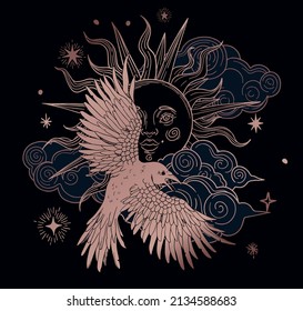 illustration with raven on cosmic background, night sky, with stylized stars and clouds