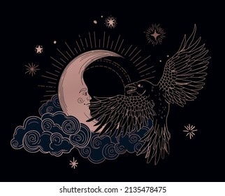 illustration with raven on cosmic background, night sky, with stylized stars and clouds