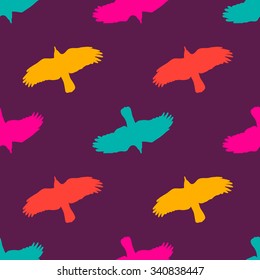 Illustration with raven in vector. Funny cartoon background. Seamless pattern with birds.