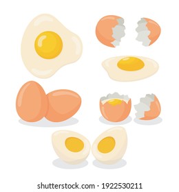 Illustration of raw egg, broken, boiled and fried egg 