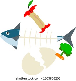Ilustración de basura cruda como huesos de pescado, núcleo de manzana, desechos de verduras