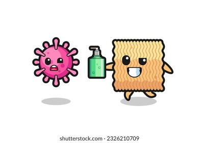 illustration of raw instant noodle character chasing evil virus with hand sanitizer , cute style design for t shirt, sticker, logo element