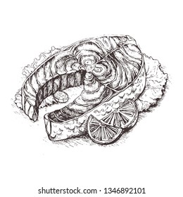 Illustration Raw steak of carp fish with lemon and thyme.Sketch  Preparing fish for roasting in parchment paper. Diet menu.Great for menu,restaurant,cafe, poster or label.Grilled salmon steak.