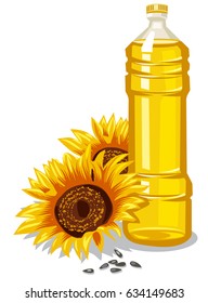 illustration of raw sunflower oil bottle with seeds