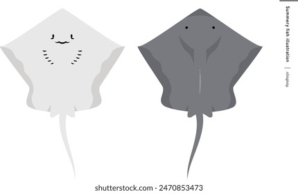 Illustration of a ray (ei) with front and back faces of fishes: cute marine life.	