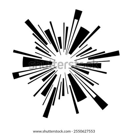 Illustration with rays, beams. Black vector shapes isolated on white background. Abstract circular pattern. Starburst. Radiating lines. Vector icon.
