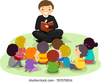 Illustration of a Reading Reading the Bible to Stickman Kids Sitting Outdoors