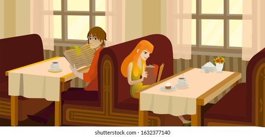 Illustration reading in cafe, book crossing 