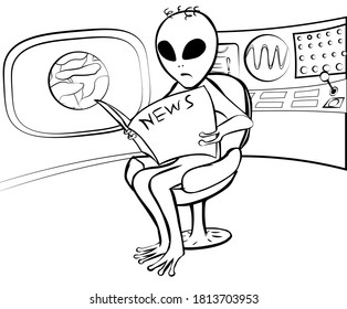 Illustration of reading newspaper scared by news alien, that sitting in armchair in cabin of his spaceship. In the cabin there is a porthole with the planet (earth?) and a complex remote with screens.