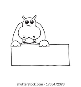Illustration of a ready to print label featuring a cute hippopotamus. Vector illustration art. Hand drawn animals.