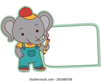 Illustration of a Ready to Print Label Featuring a Cute Elephant Holding a Pencil