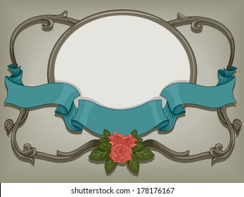 Illustration of a Ready to Print Label Framed by Vines and Ribbons with a Vintage Effect