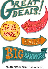 Illustration of Ready to Print Labels Featuring Bargain Related Words with Different Designs