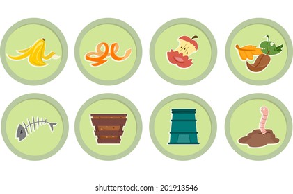 Illustration of Ready to Print Stickers Featuring Composting Icons