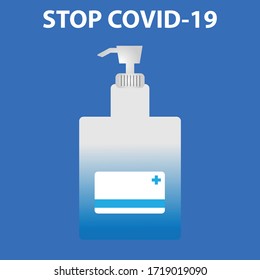 Illustration reagent cleaning and sterilizing agent pump bottle of on blue background with space for write wording, for making PR media of preventing COVID-19 pandemic that affect health and economic 