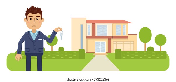 Illustration of a real estate agent. Cheerful businessman holding keys and standing in front of a house. Realtor isolated on white background. Flat style vector illustration