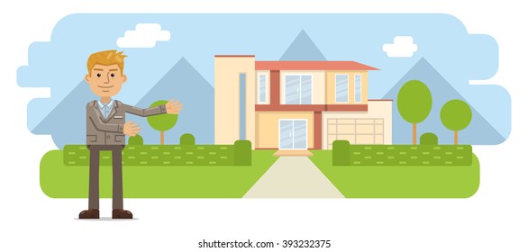 Illustration of a real estate agent. Cheerful businessman standing in front of a house. Realtor isolated on landscape background. Flat style vector illustration