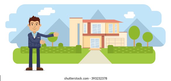 Illustration of a real estate agent. Cheerful businessman standing in front of a house. Realtor isolated on landscape background. Flat style vector illustration