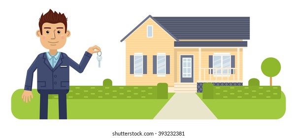 Illustration of a real estate agent. Cheerful businessman holding keys and standing in front of a house. Realtor isolated on white background. Flat style vector illustration
