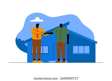 Illustration of a real estate agent and client shaking hands outside a house
