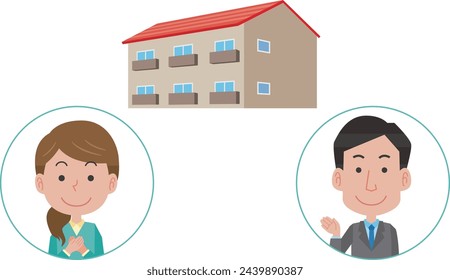 Illustration of a real estate agent explaining an apartment