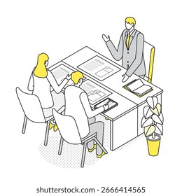 Eine Illustration eines Immobilienmaklers, der Kunden eine Immobilie anhand von Dokumenten erklärt.