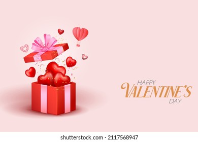 illustration of realistic 3d heart and gift box on Happy Valentine's Day romantic love background for banner, poster, flyer,  brochure, greetings card