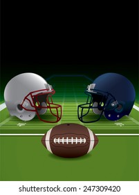 An illustration of realistic American football helmets, field, and ball. Vector EPS 10. EPS file is layered and contains transparencies and gradient mesh.