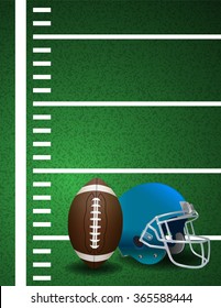 An illustration of a realistic American football turf field with yard lines and ball and helmet. Vector EPS 10 available. EPS file contains transparencies and gradient mesh.