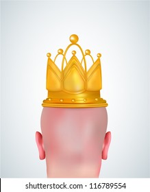 Illustration of realistic bald head with golden crown