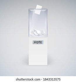 Illustration of the Realistic Ballot Box with Voting Paper in Hole. Voting Transparent Container with a Falling Ballot Paper. Art Design Glass Case is on Museum Pedestal on Gray Backdrop