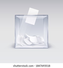 Illustration of the Realistic Ballot Box with Voting Paper in Hole. Transparent Voting Container with a Falling Ballot Paper. Confidential Polling Technology Element on Gray Backdrop