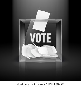 Illustration of the Realistic Ballot Box with Voting Paper in Hole on Black Backdrop. Transparent Voting Container with a Falling Ballot Paper. Fair and Transparent Social Polling