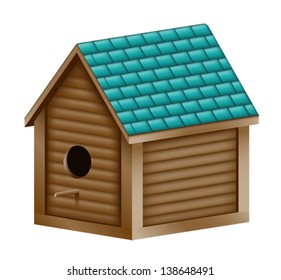 Illustration of a realistic birdhouse with a turquoise shingled roof. Eps 10 Vector.