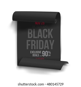 Illustration of Realistic Black Friday Sale Curved Ribbon Banner Template. Folded Paper Scroll Big Sale Banner Black Poster Isolated on White Background