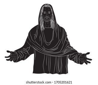 Illustration of a realistic black silhouette of Jesus Christ, I welcome you with open arms. Vector illustration