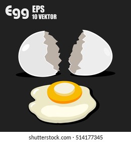 Illustration of a realistic broken egg on a black background, flat design