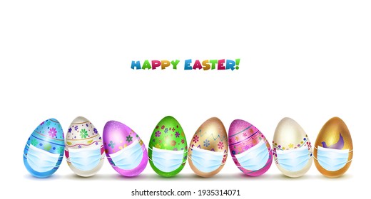 Illustration of realistic Easter eggs in various colors with holiday symbols, in medical masks on white background