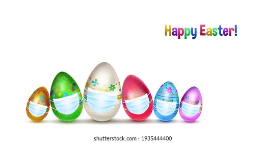 Illustration of realistic Easter eggs in various colors with holiday symbols, in medical masks on white background