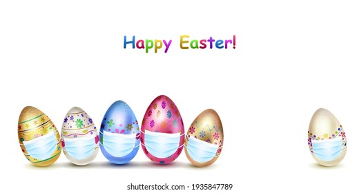 Illustration of realistic Easter eggs in various colors with holiday symbols, in medical masks on white background